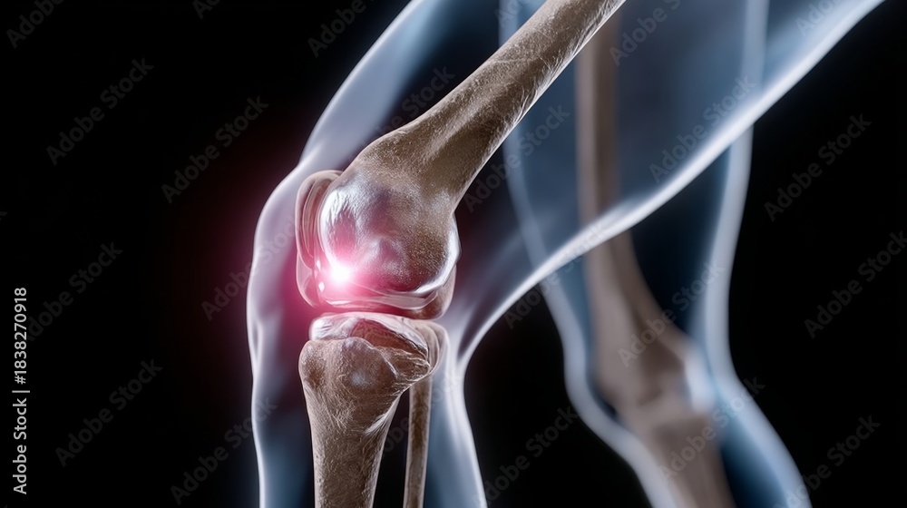 Obraz premium Detailed anatomical illustration of a human knee joint, showcasing bones, ligaments, and cartilage, with highlighted areas indicating potential pain or injury, emphasizing the complexity of human anat