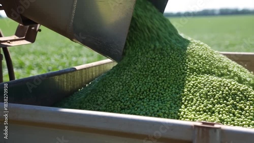 Fresh green peas being unloaded into a storage container from a farming machine, showcasing a bountiful harvest. Stock Video