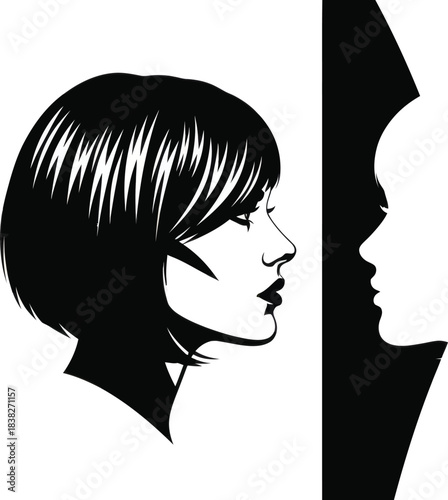 Woman face profile looking into mirror vector silhouette