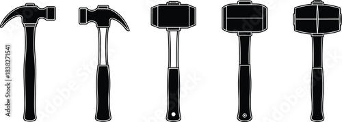 Silhouettes of various hammers, carpentry and construction tools collection illustration set for hardware design, repair equipment, industrial workshop concepts