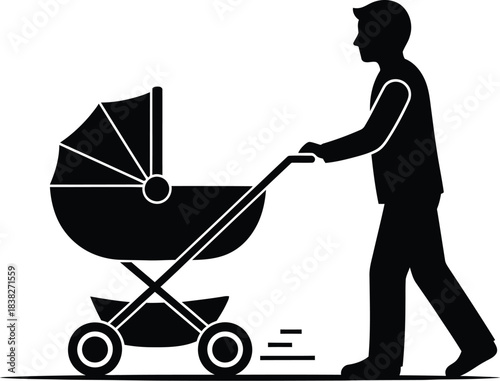 Silhouette of a father pushing a baby stroller