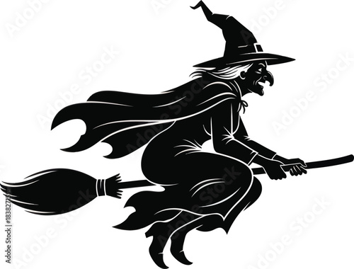 Witch flying on broom silhouette illustration