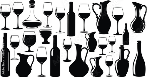 Silhouettes of wine glasses, bottles, decanters, pitchers, elegant drinkware illustration collection set for bar menu design, winery graphics, beverage concepts
