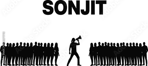Large Group of Black Silhouettes Divided by a Leader Speaking into a Megaphone, Symbolizing Protest, Advocacy, Leadership, and Communication.