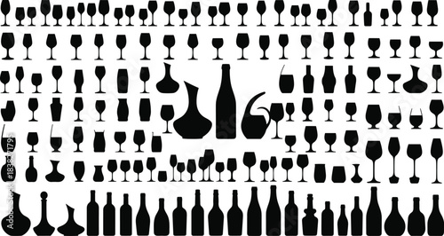 Silhouettes of wine glasses, bottles, decanters, drinkware shapes collection illustration set for bar menu design, beverage artwork, winery concepts