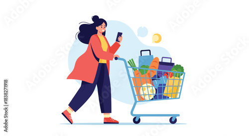 A smiling woman pushes a grocery cart full of fresh food and bags while checking her smartphone, illustrating modern shopping convenience.