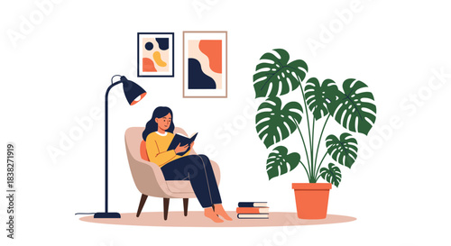 A young woman reads a book in a cozy living room, sitting in an armchair with a floor lamp, abstract art, and a large Monstera plant.