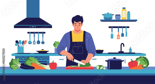 A focused man in a blue shirt and apron is slicing fresh cucumber on a red cutting board in a modern kitchen with various healthy vegetables.