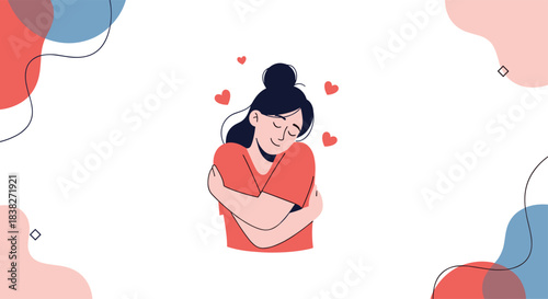 A happy young woman embraces herself, surrounded by hearts, symbolizing self-love, self-care, and contentment.