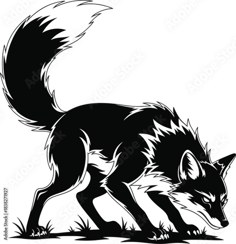 Sniffing fox silhouette with detailed fur and low stance
