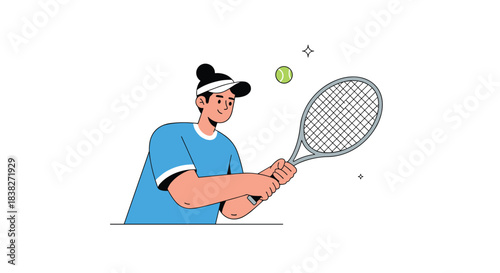 A cheerful tennis player, wearing a blue shirt and visor, is energetically holding a racket, ready to hit a floating tennis ball during a game.