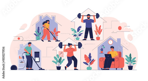 Diverse individuals staying productive and active at home, engaging in fitness, chores, and remote work activities during a stay-at-home period.