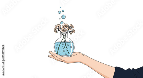 A hand gently holds a clear glass vase filled with light blue water, delicate pink cherry blossoms, and rising bubbles, symbolizing freshness and serenity.
