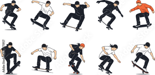 Skateboarder illustration collection, dynamic trick poses and urban street skating movements, action sports artwork for branding, posters, animation, vector design set