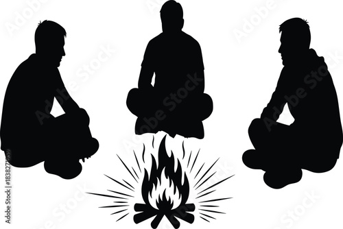 Three Silhouettes of Friends Sitting Together Around a Campfire, Symbolizing Relaxation, Outdoor Adventure, Storytelling, Brotherhood, and Summer Travel.
