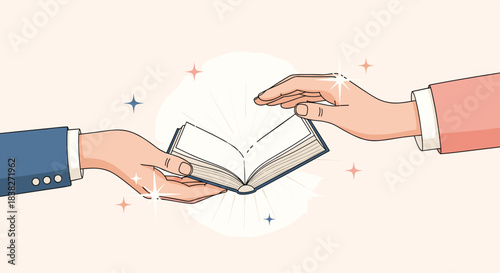 Two hands exchanging an open, glowing book surrounded by sparkling stars, symbolizing the sharing of knowledge and wisdom.