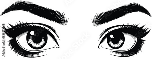 Beautiful Woman's Eyes and Eyebrows, Drawn in Hand-Drawn Engraving Style, Symbolizing Beauty, Focus, Makeup, Vision, and Confidence.