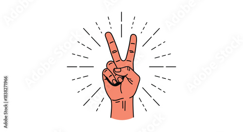 An illustrative hand forming a V-sign, symbolizing peace or victory, with radiating dash lines against a clean white background.