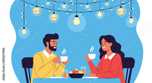 A happy couple enjoying a cozy evening together, having drinks and snacks under festive string lights, sharing a relaxed moment.