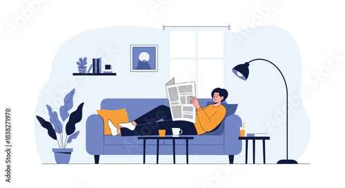 A young person relaxes comfortably on a blue sofa, reading a newspaper in a modern and cozy living room.