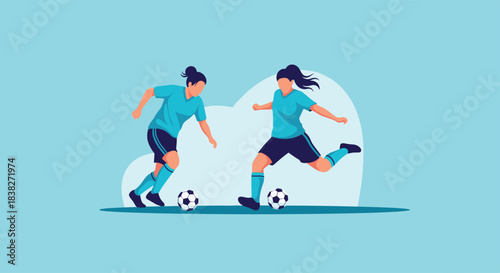 Two women playing soccer on a bright blue background, one dribbling and the other preparing to kick the ball.