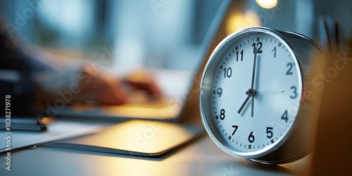 A close-up of a clock showing 5:00 PM (end of work day), next to a person preparing to unplug a laptop, symbolizing intentional shift to relaxation and rest.