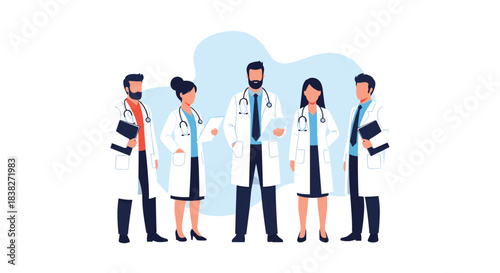 A diverse team of five professional doctors, including men and women, stands in lab coats with stethoscopes and clipboards, symbolizing healthcare expertise.
