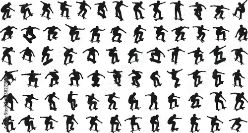 Skateboarder silhouette collection, dynamic skate tricks, extreme sport poses, action movement icons for posters, branding, street style design, vector set