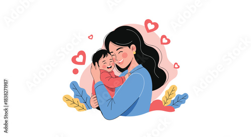 A cheerful mother gently holds her happy baby, surrounded by hearts and leaves, representing love, joy, and their special bond.