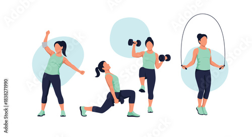 Four women illustrations performing various indoor fitness workouts, including strength, flexibility, and cardio exercises.