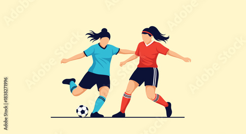 Two energetic female soccer players in action, one kicking the ball while the other advances, embodying the spirit of women's football.