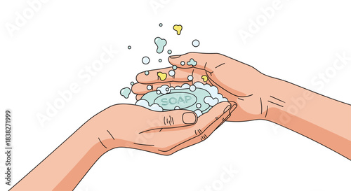 Cartoon illustration showing two hands actively washing with a bar of soap, producing abundant foam and bubbles for hygiene.