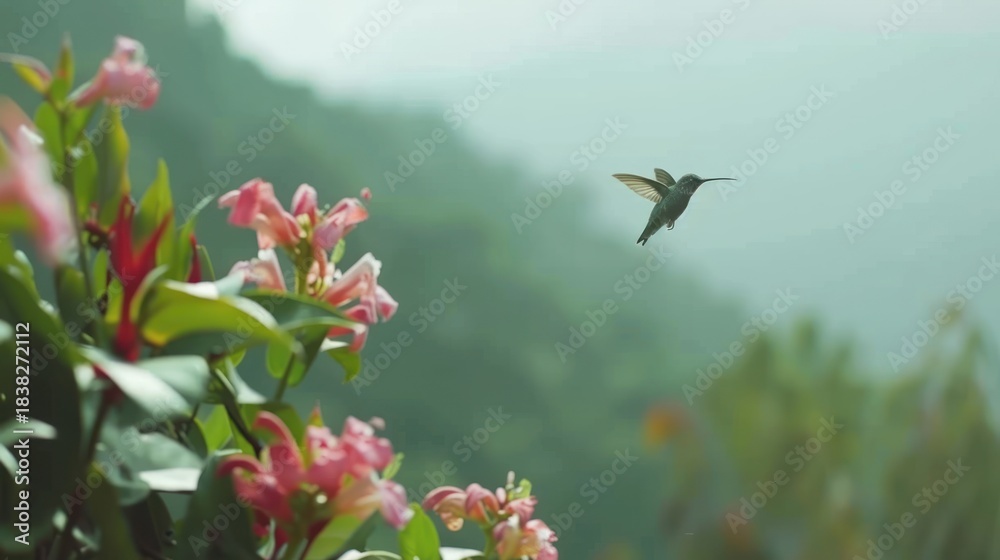 Naklejka premium Hummingbird Flying Near Pink Flowers in Natural Garden Scene