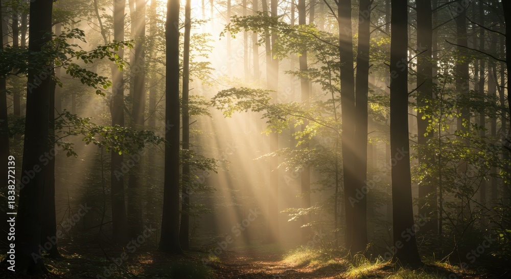 Fototapeta premium Brilliant sun rays illuminate a misty path winding through tall, dense trees in a verdant woodland
