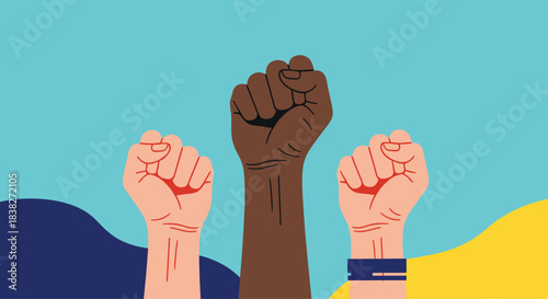 Diverse raised fists symbolizing unity, strength, and solidarity in a protest or social justice movement against a vibrant blue sky.