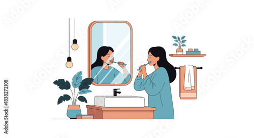A young woman in a bathroom is brushing her teeth while looking at her reflection in the mirror, depicting a healthy daily oral hygiene routine.
