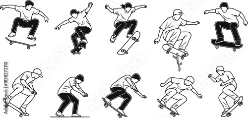 Skateboarder outline collection, dynamic trick poses, urban street skating illustrations for action sports design, freestyle movement graphics, vector skate set