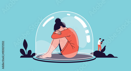 A distressed woman isolated and sad within a clear glass dome, symbolizing loneliness, anxiety, and mental health challenges, with an observer nearby.