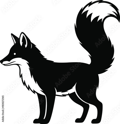 Standing fox silhouette with bushy tail in black and white