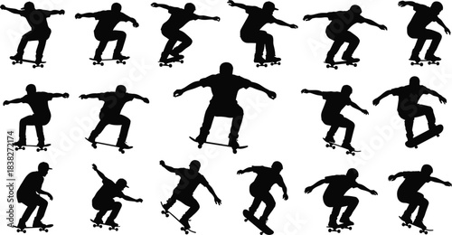 Skateboarder silhouette collection, dynamic trick poses in mid-air, extreme street skating action for sports design, urban motion graphics, vector set
