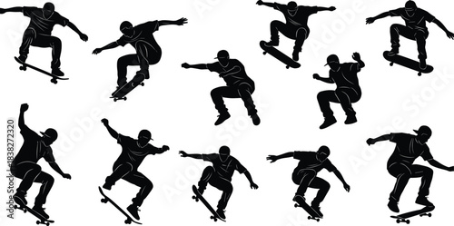Skateboarder silhouette collection, extreme trick and jump poses, dynamic street skating action for sports design, urban movement, freestyle vector illustration set