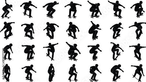 Skateboarder silhouette collection, dynamic trick poses with jumps and flips, urban street skating action illustrations for sports design, freestyle vector set
