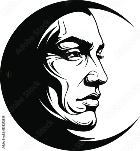 Moon face illustration with stylized human profile in black and white