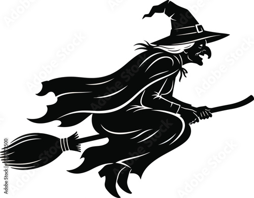Witch Flying on Broom Silhouette