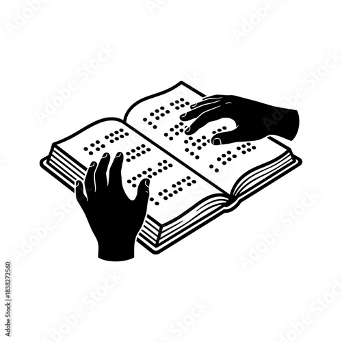 Two hands reading braille open book perspective vector illustration