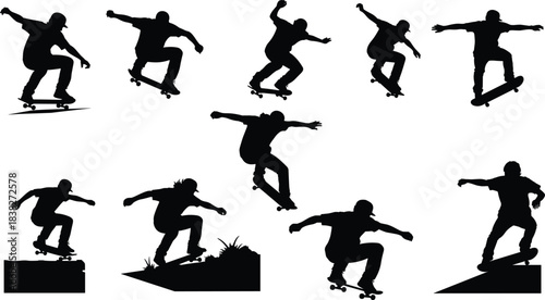 Skateboarder silhouette collection, extreme trick poses and jumping actions on ramps, urban street skating illustrations for sports design, freestyle vector set