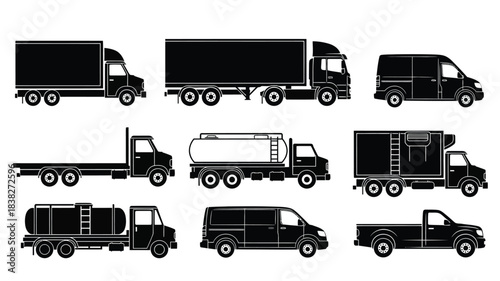 Variety of commercial transport vehicles in black silhouette