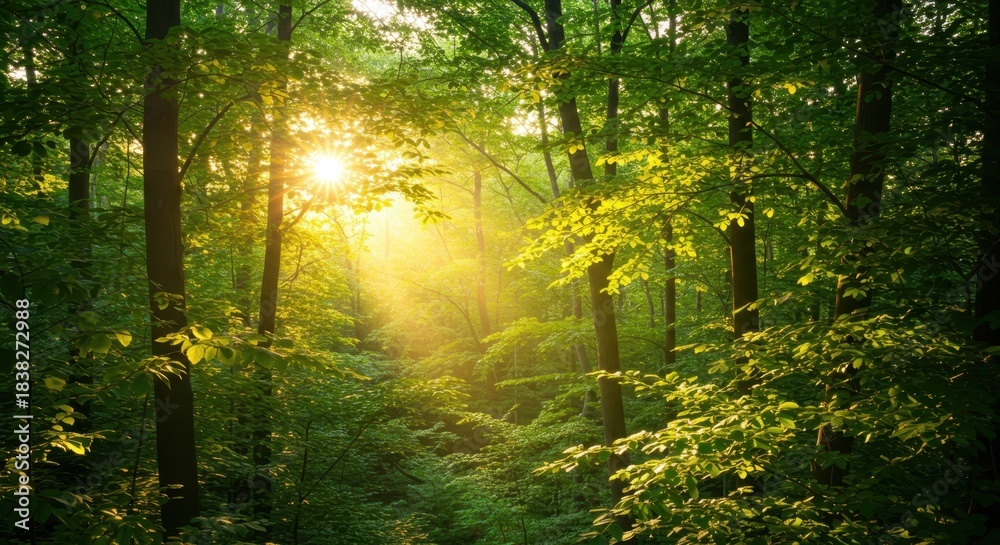 Fototapeta premium Sunlight streams through the dense canopy of a vibrant green forest.