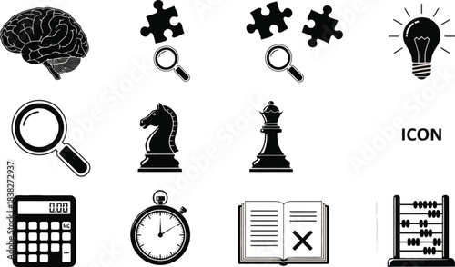 Brain Puzzle Magnifying Glass Chess Lightbulb Icons Set