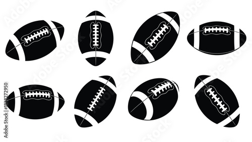 American footballs in various poses a striking black and white silhouette